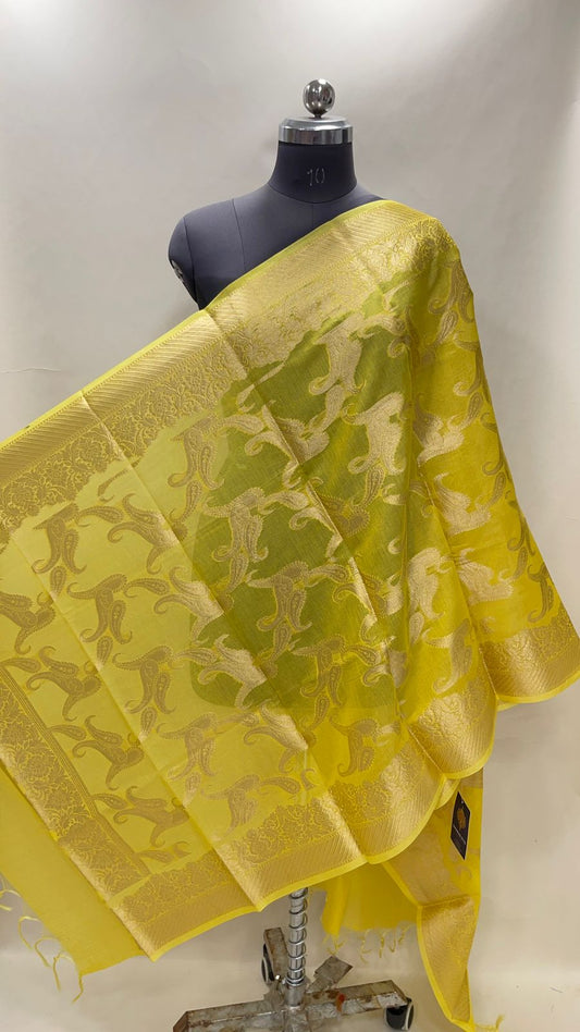 Faishana Presents Yellow Cotton Floral Golden Zari Paisley Boota Jaal Banarasi Dupatta