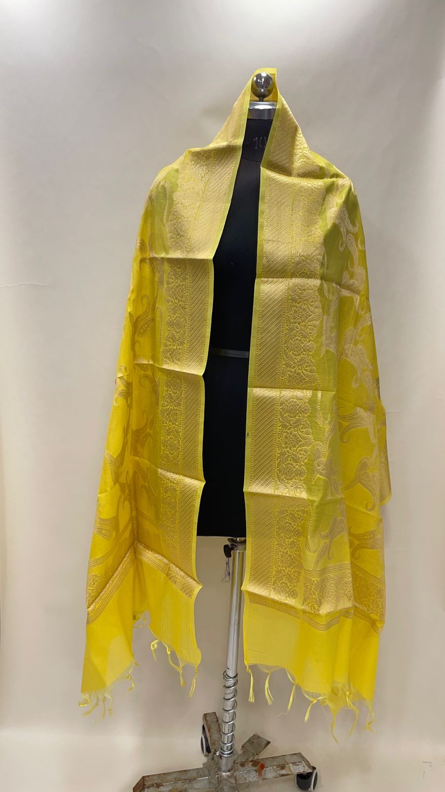 Faishana Presents Yellow Cotton Floral Golden Zari Paisley Boota Jaal Banarasi Dupatta
