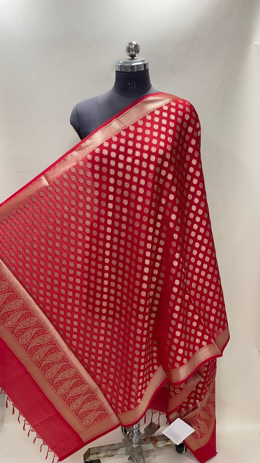 Faishana Presents Red Semi Katan Silk Floral Zari Chunri Booti Paisley Anchal Banarasi Dupatta