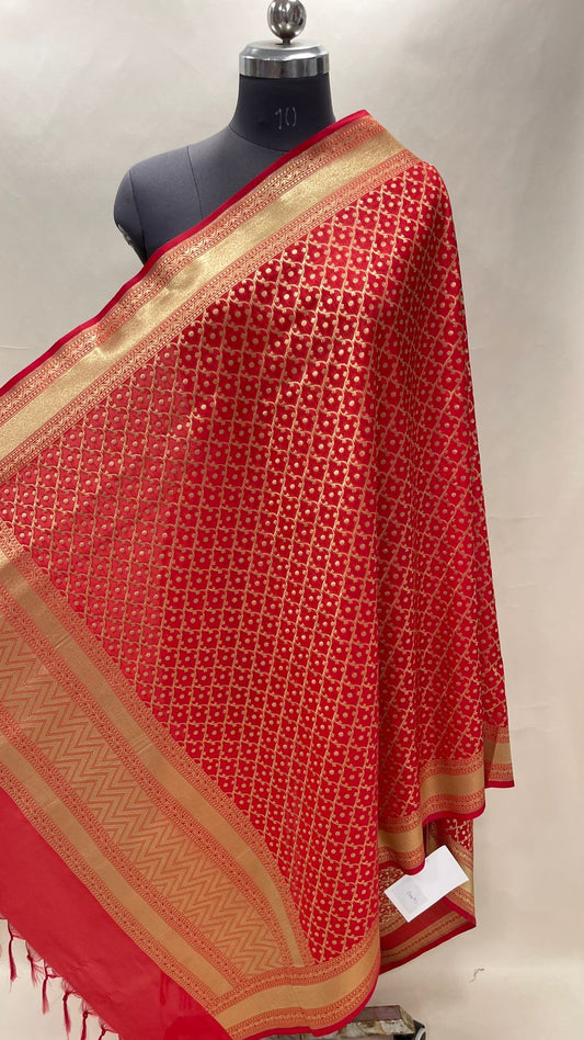 Faishana Presents Red Semi Katan Silk Golden Zari Bandhani Jaal Banarasi Zari Border Banarasi Dupatta