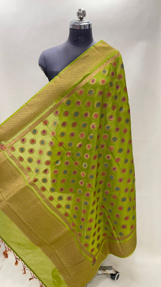 Faishana Presents Green Cotton Golden Zari Mina Booti Banarasi Border Dupatta