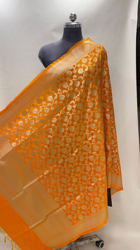 Faishana Presents Orange Semi Katan Silk Golden Floral Zari Jaal Banarasi Dupatta