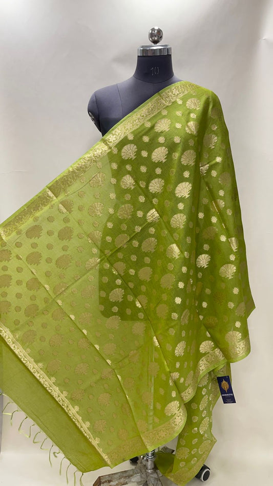 Faishana Presents Green Cotton Golden Zari Chunri Boota Zari Border Banarasi Dupatta