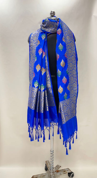 Faishana Presents Royal Blue Semi Katan Silk Golden Zari Floral Tilfi Mina Booti Banarasi Zari Border Banarasi Dupatta