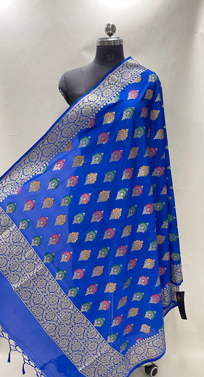 Faishana Presents Royal Blue Semi Katan Silk Golden Zari Floral Tilfi Mina Booti Banarasi Zari Border Banarasi Dupatta