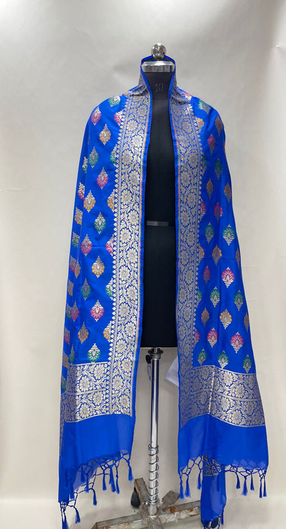 Faishana Presents Royal Blue Semi Katan Silk Golden Zari Floral Tilfi Mina Booti Banarasi Zari Border Banarasi Dupatta