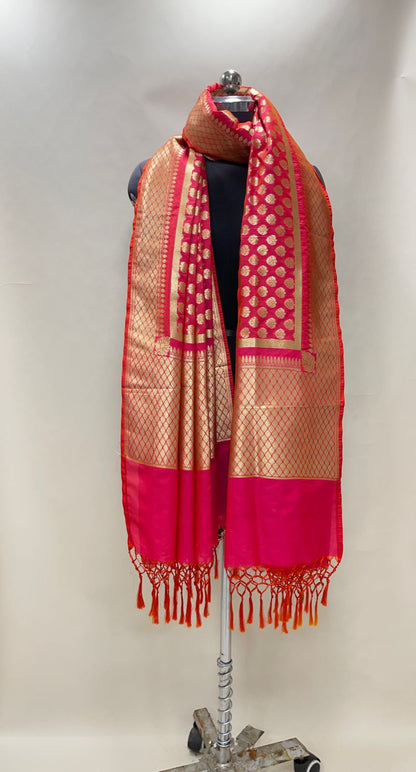 Faishana Presents Red Semi Katan Silk Alfi Zari Koniya Floral Booti Banarasi Dupatta