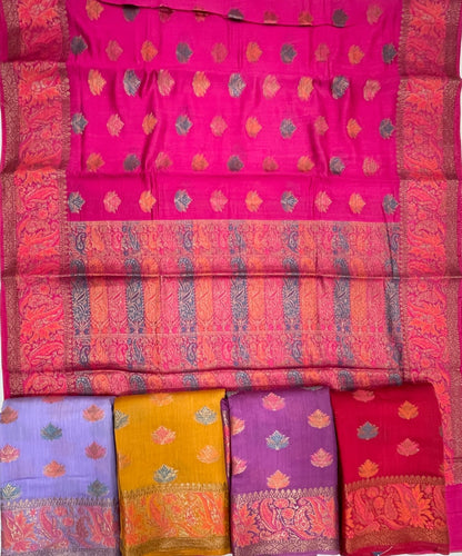 Faishana Pure Handloom Magenta Chiniya Silk Floral Minakari Zari Booti with Paisley Mina Zari Border and Rangkaat Paisley Pallu with Magenta Blouse