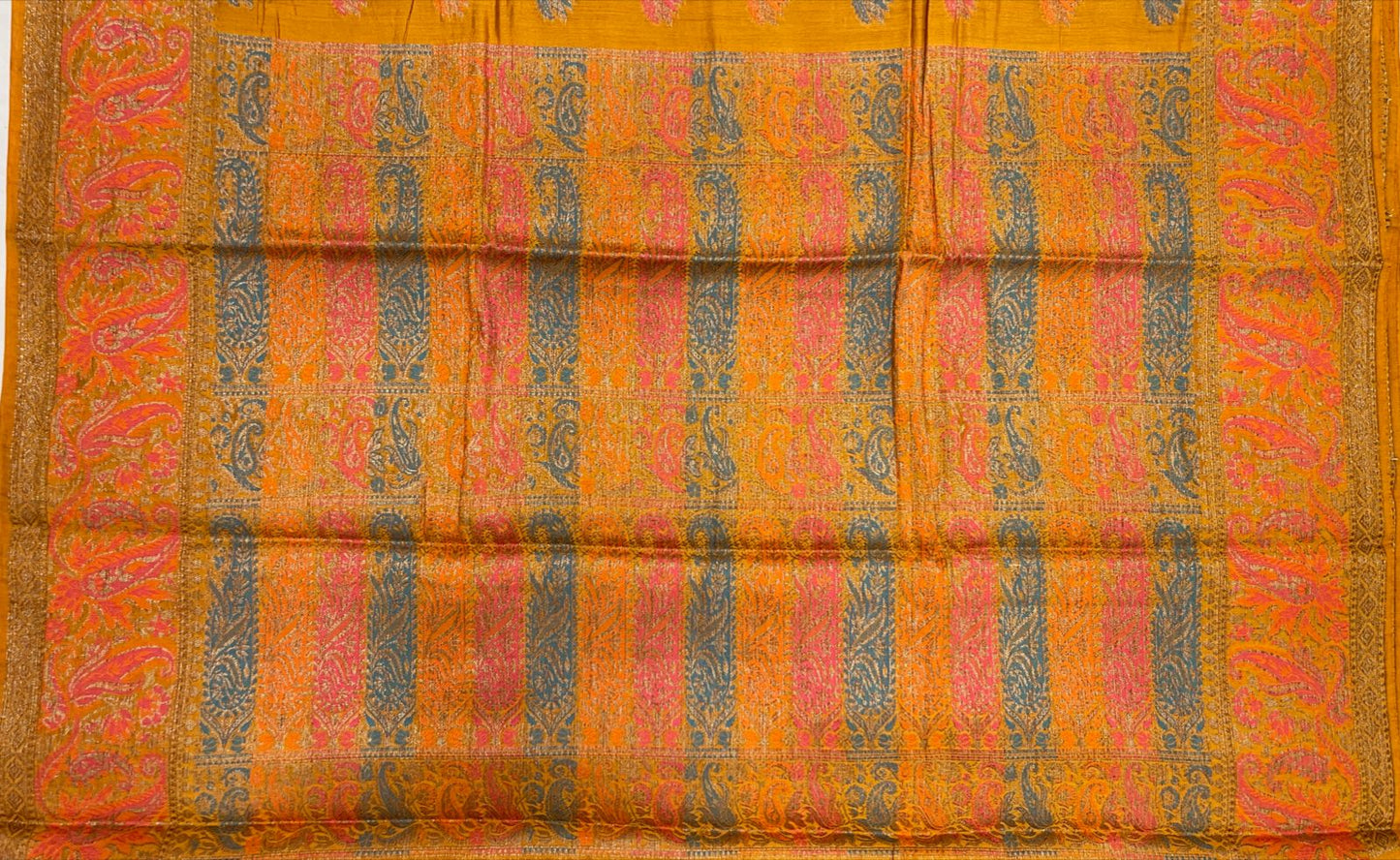 Faishana Pure Handloom Gold Chiniya Silk Floral Minakari Zari Booti with Paisley Mina Zari Border and Rangkaat Paisley Pallu with Gold Blouse
