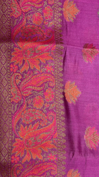 Faishana Pure Handloom Purple Chiniya Silk Floral Minakari Zari Booti with Paisley Mina Zari Border and Rangkaat Paisley Pallu with Purple Blouse