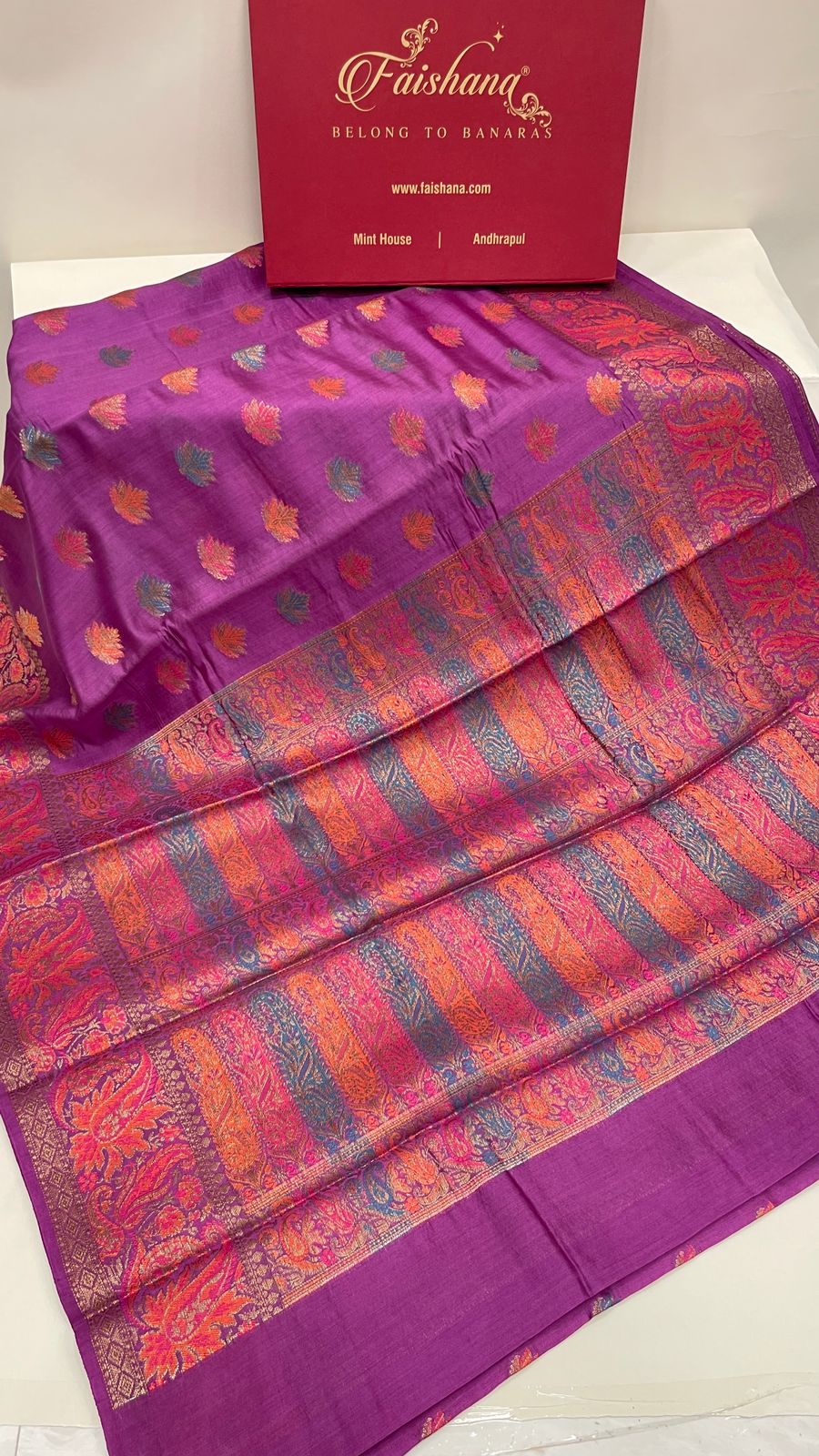 Faishana Pure Handloom Purple Chiniya Silk Floral Minakari Zari Booti with Paisley Mina Zari Border and Rangkaat Paisley Pallu with Purple Blouse
