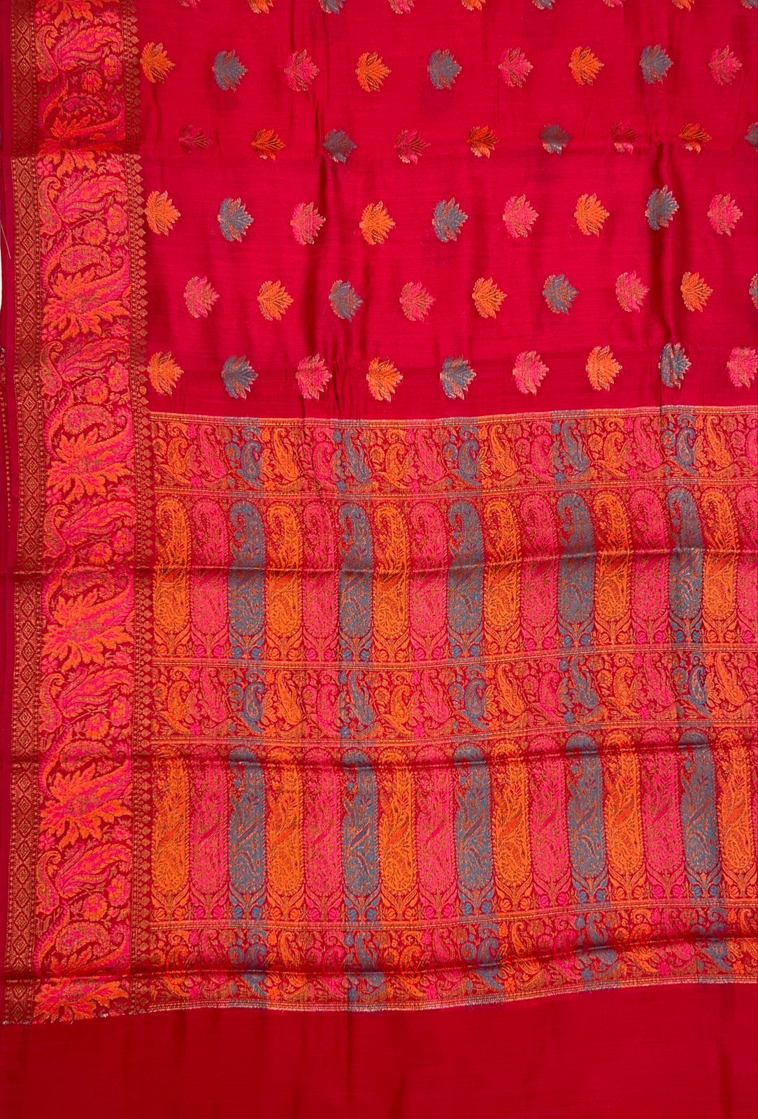 Faishana Pure Handloom Red Chiniya Silk Floral Minakari Zari Booti with Paisley Mina Zari Border and Rangkaat Paisley Pallu with Red Blouse