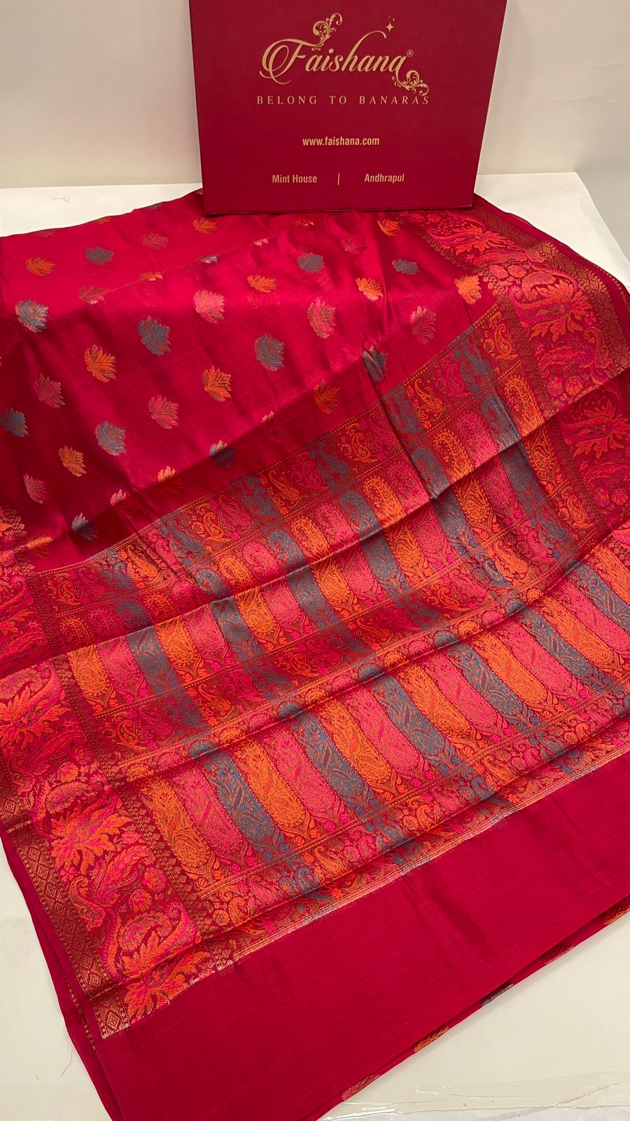 Faishana Pure Handloom Red Chiniya Silk Floral Minakari Zari Booti with Paisley Mina Zari Border and Rangkaat Paisley Pallu with Red Blouse