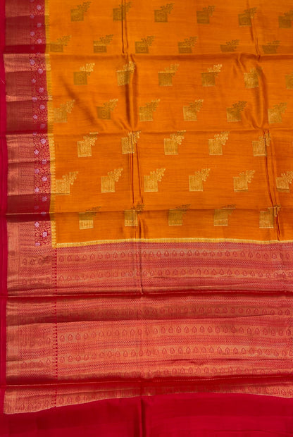 Faishana Pure Handloom Orange Chiniya Silk Golden Floral Zari Boota Contrast Red Skirt Zari Silver Mina Border and Red Blouse