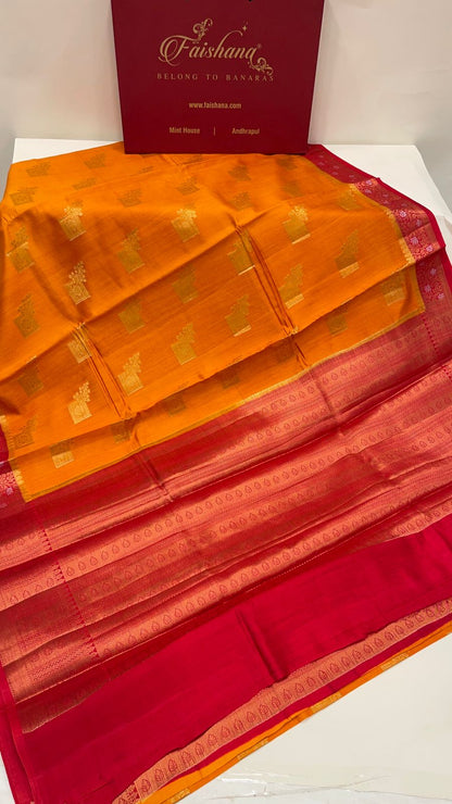 Faishana Pure Handloom Orange Chiniya Silk Golden Floral Zari Boota Contrast Red Skirt Zari Silver Mina Border and Red Blouse