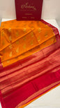 Faishana Pure Handloom Orange Chiniya Silk Golden Floral Zari Boota Contrast Red Skirt Zari Silver Mina Border and Red Blouse