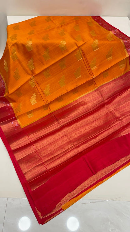 Faishana Pure Handloom Orange Chiniya Silk Golden Floral Zari Boota Contrast Red Skirt Zari Silver Mina Border and Red Blouse