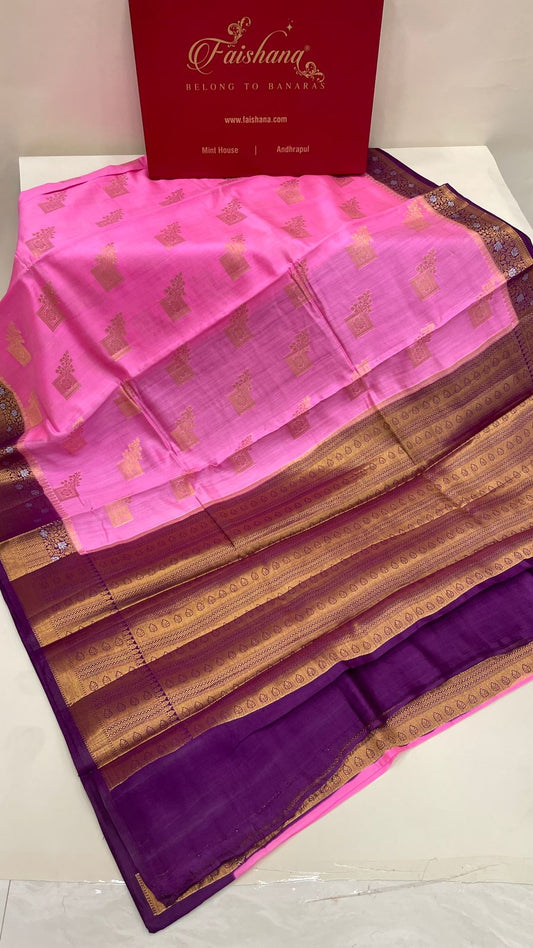 Faishana Pure Handloom Baby Pink Chiniya Silk Golden Floral Zari Boota Contrast Purple Skirt Zari Silver Mina Border and Purple Blouse