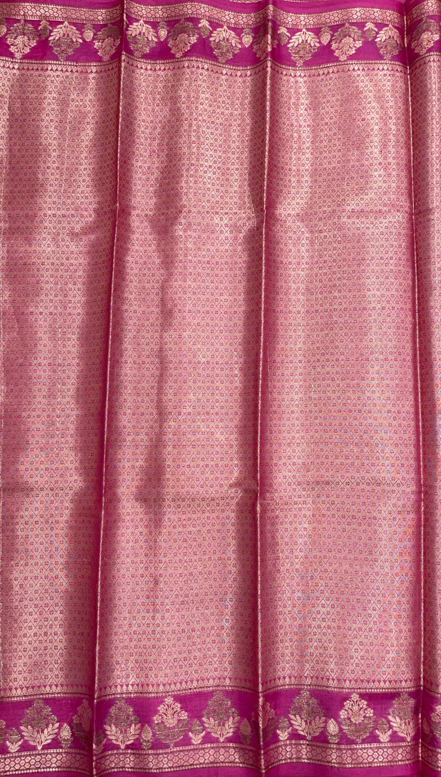 Faishana Pure Handwoven Dark Green Tussar Silk Floral Mina Zari Booti with Contrast Pink Mina Floral Zari Border and Pallu with Pink Blouse