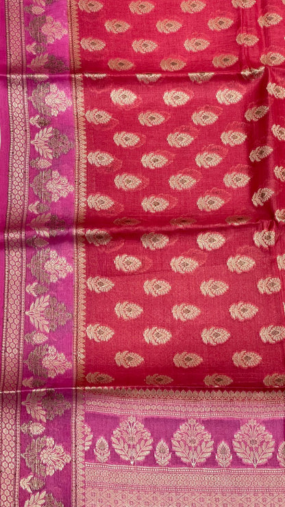 Faishana Pure Handwoven Pink Tussar Silk Floral Mina Zari Booti with Contrast Magenta Mina Floral Zari Border and Pallu with Magenta Blouse