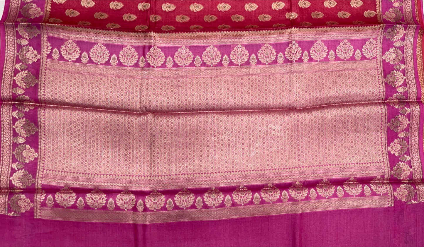 Faishana Pure Handwoven Pink Tussar Silk Floral Mina Zari Booti with Contrast Magenta Mina Floral Zari Border and Pallu with Magenta Blouse