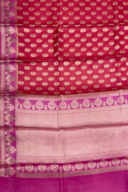 Faishana Pure Handwoven Pink Tussar Silk Floral Mina Zari Booti with Contrast Magenta Mina Floral Zari Border and Pallu with Magenta Blouse