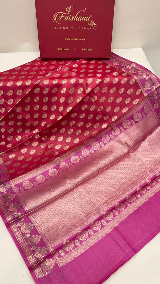 Faishana Pure Handwoven Pink Tussar Silk Floral Mina Zari Booti with Contrast Magenta Mina Floral Zari Border and Pallu with Magenta Blouse
