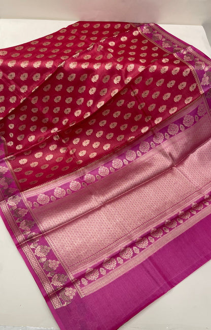 Faishana Pure Handwoven Pink Tussar Silk Floral Mina Zari Booti with Contrast Magenta Mina Floral Zari Border and Pallu with Magenta Blouse