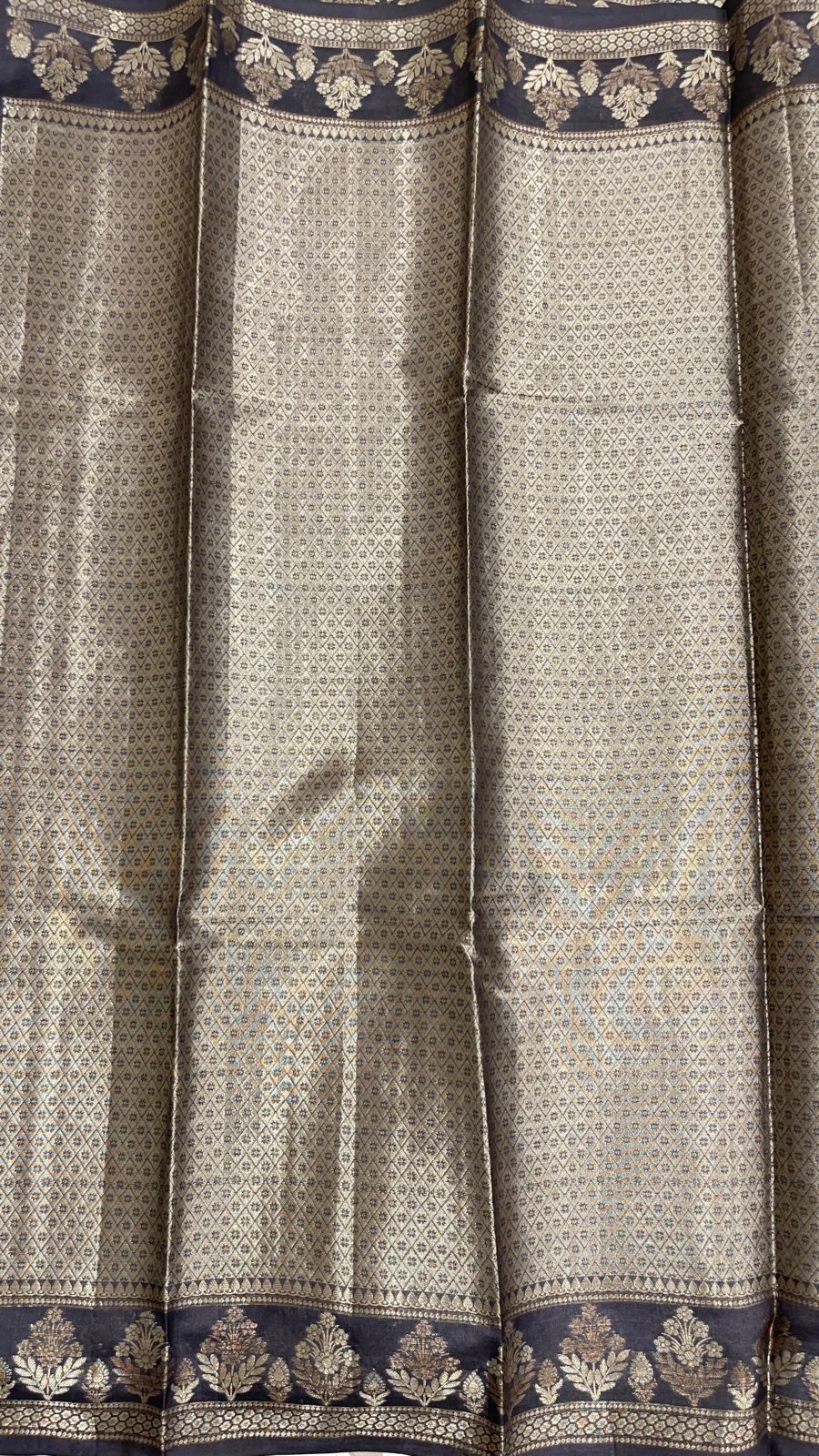 Faishana Pure Handwoven Yellow Tussar Silk Floral Mina Zari Booti with Contrast Black Mina Floral Zari Border and Pallu with Black Blouse