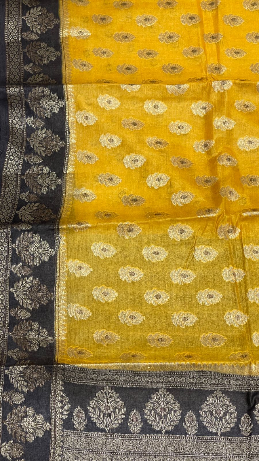 Faishana Pure Handwoven Yellow Tussar Silk Floral Mina Zari Booti with Contrast Black Mina Floral Zari Border and Pallu with Black Blouse