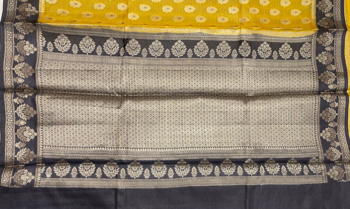 Faishana Pure Handwoven Yellow Tussar Silk Floral Mina Zari Booti with Contrast Black Mina Floral Zari Border and Pallu with Black Blouse