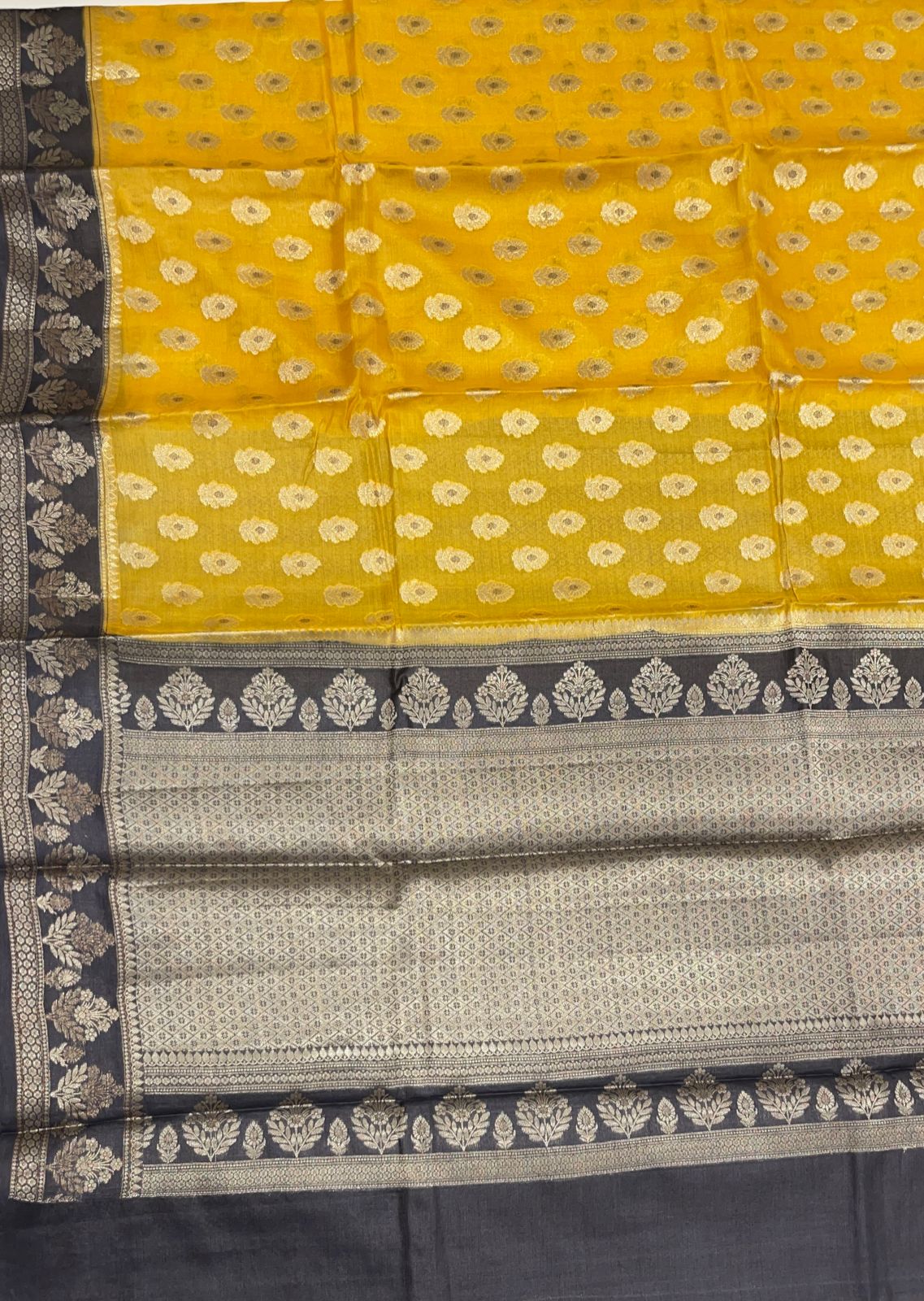 Faishana Pure Handwoven Yellow Tussar Silk Floral Mina Zari Booti with Contrast Black Mina Floral Zari Border and Pallu with Black Blouse