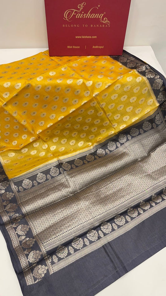 Faishana Pure Handwoven Yellow Tussar Silk Floral Mina Zari Booti with Contrast Black Mina Floral Zari Border and Pallu with Black Blouse