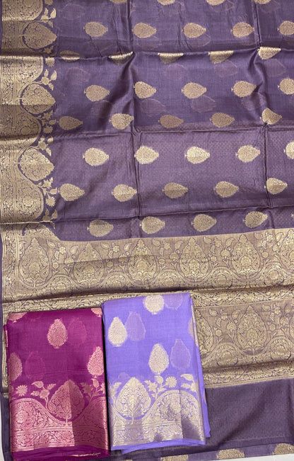 Faishana Pure Handwoven Grey Tussar Silk Floral Zari Boota with Lehariya Zari Floral Border and Pallu with Grey Blouse
