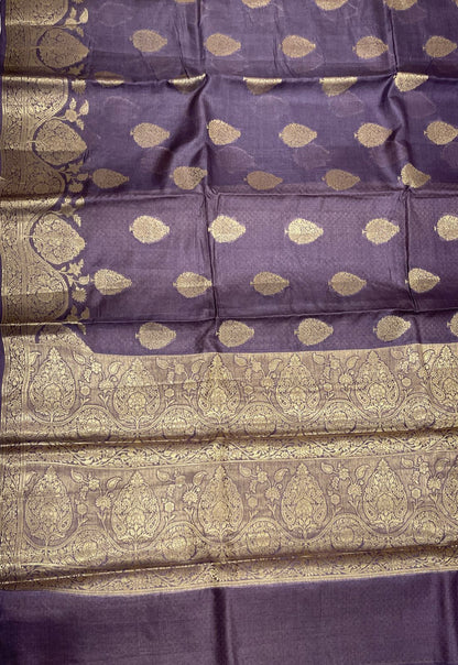 Faishana Pure Handwoven Grey Tussar Silk Floral Zari Boota with Lehariya Zari Floral Border and Pallu with Grey Blouse
