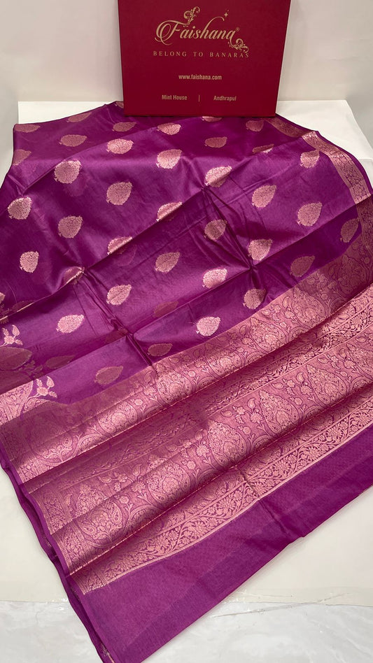 Faishana Pure Handwoven Magenta Tussar Silk Copper Floral Zari Booti with Leheriya Zari Border and Big Boota Pallu with Magenta Blouse