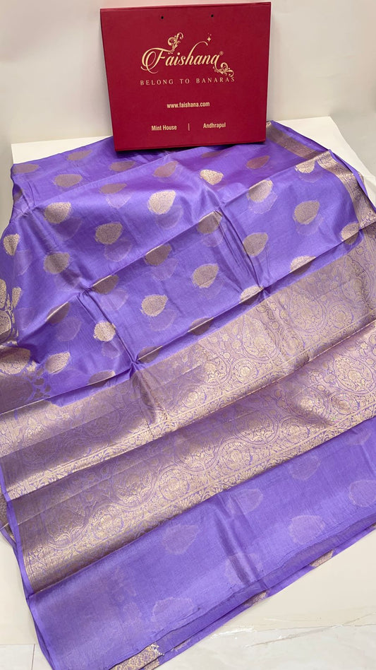 Faishana Pure Handwoven Purple Tussar Silk Copper Floral Zari Booti with Leheriya Zari Border and Big Boota Pallu with Violet Blouse