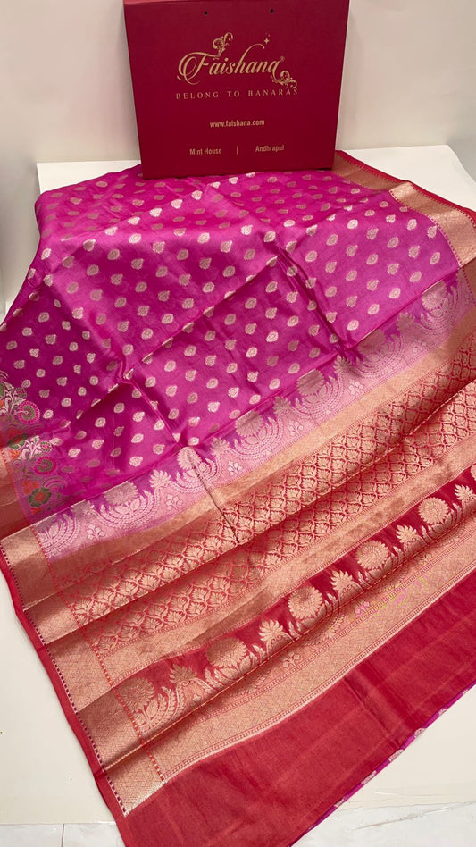 Faishana Pure Handwoven Magenta Tussar Silk Floral Zari Booti Skirt Mina Floral Zari Red Border with Red Blouse Piece