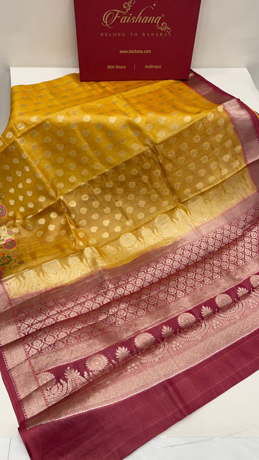 Faishana Pure Handwoven Mustard Yellow Tussar Silk Floral Zari Booti Skirt Mina Floral Zari Maroon Border and Pallu with Maroon Blouse Piece