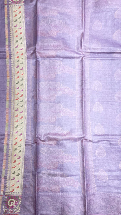 Faishana Pure Handwoven Grey Tussar Silk Floral Zari Boota Alfi Mina Zari Border and Pallu with Grey Blouse