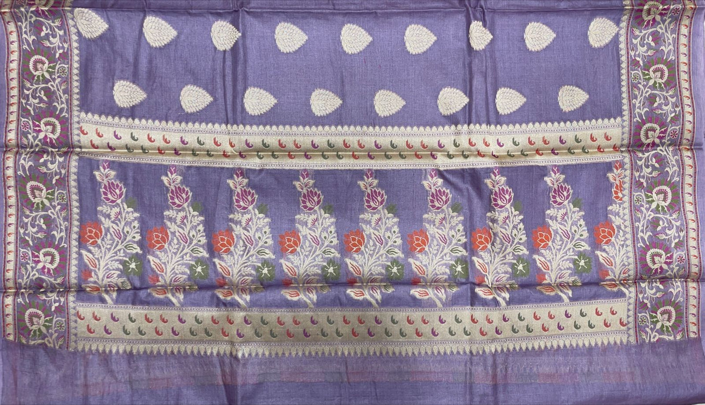 Faishana Pure Handwoven Grey Tussar Silk Floral Zari Boota Alfi Mina Zari Border and Pallu with Grey Blouse