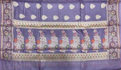 Faishana Pure Handwoven Grey Tussar Silk Floral Zari Boota Alfi Mina Zari Border and Pallu with Grey Blouse