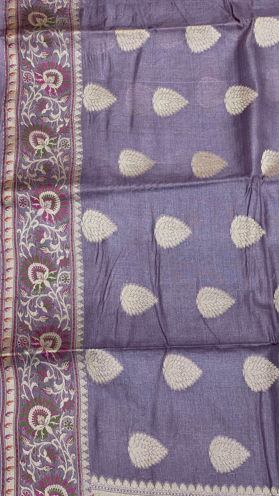 Faishana Pure Handwoven Grey Tussar Silk Floral Zari Boota Alfi Mina Zari Border and Pallu with Grey Blouse