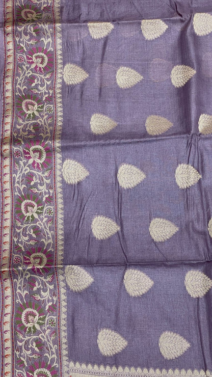 Faishana Pure Handwoven Grey Tussar Silk Floral Zari Boota Alfi Mina Zari Border and Pallu with Grey Blouse