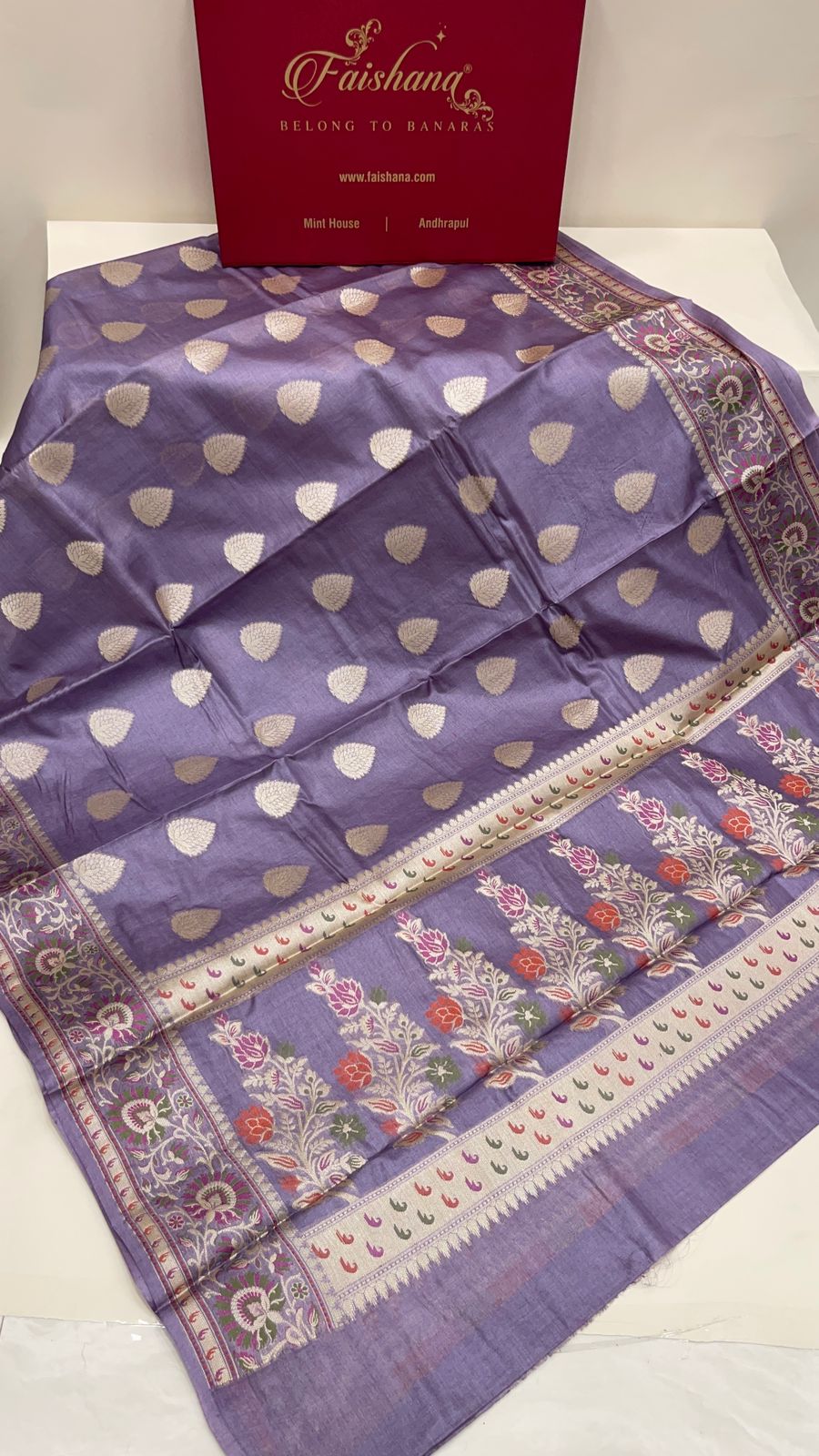 Faishana Pure Handwoven Grey Tussar Silk Floral Zari Boota Alfi Mina Zari Border and Pallu with Grey Blouse