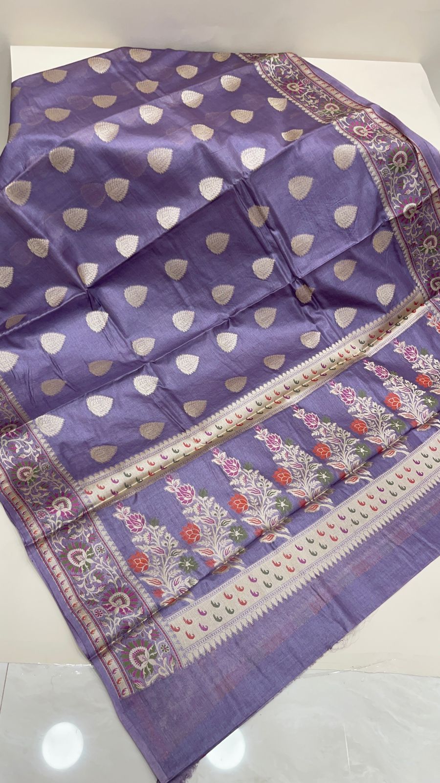 Faishana Pure Handwoven Grey Tussar Silk Floral Zari Boota Alfi Mina Zari Border and Pallu with Grey Blouse