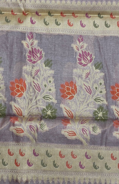 Faishana Pure Handwoven Light Purple Tussar Silk Floral Zari Boota Alfi Mina Zari Border and Pallu with Light Purple Blouse