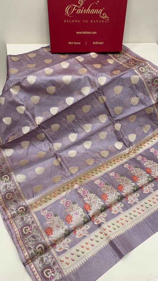Faishana Pure Handwoven Light Purple Tussar Silk Floral Zari Boota Alfi Mina Zari Border and Pallu with Light Purple Blouse