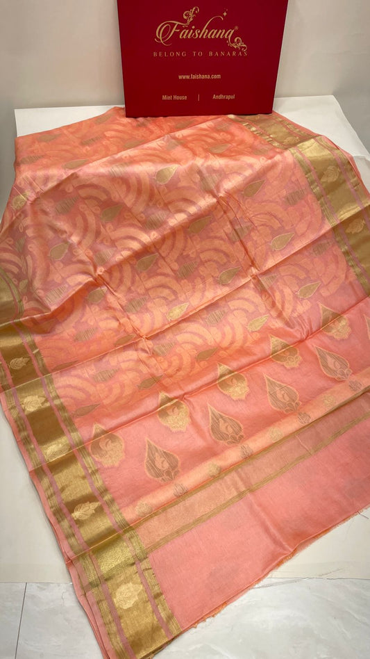 Faishana Pure Handwoven Pink Tussar Silk Floral Zari Boota Banarasi Floral Zari Border and Pallu with Pink Blouse