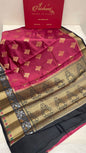 Faishana Pure Handloom Light Purple Chiniya Silk Golden Floral Zari Booti Contrast Black Skirt Silver Mina Zari Border Golden and Floral Boota Pallu with Black Blouse